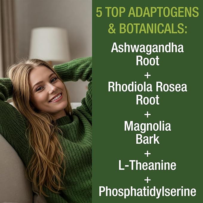 5-in-1 Cortisol Supplement for Women &amp Men. Lower High Cortisol with Ashwagandha Rhodiola Rosea L-Theanine Phosphatidylserine Magnolia Bark. Calm Relaxation Balanced Energy Vegan Supplements