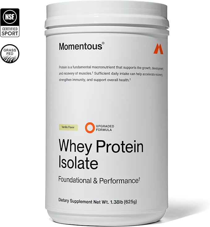 Momentous Essential Grass-Fed Whey Protein Powder - 20 g Whey Isolate Protein - NSF Certified for Sport - Gluten-Free - 25 Servings for Essential Everyday Use - Vanilla - Package May Vary