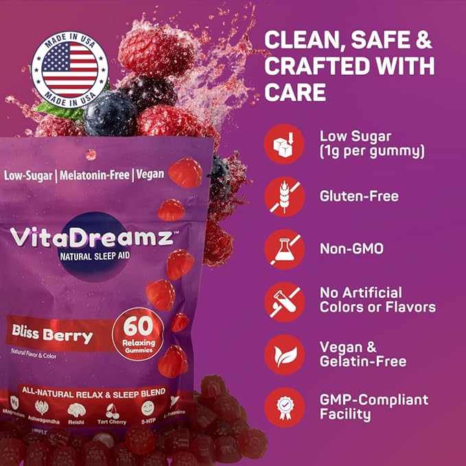 Melatonin-Free Sleep Gummies | Magnesium Ashwagandha Tart Cherry &amp L-Theanine | Natural Calm &amp Restful Sleep Support | Vegan Sugar Free Bliss Berry | 60 Count
