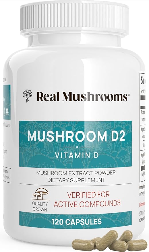 Real Mushrooms Vitamin D2 from Shiitake &amp Agaricus – Vegan Mushroom-Based D Supplement – Vitamins for Overall Wellness Support– Organic Non-GMO 1000 IU – 120 Count Functional Mushroom