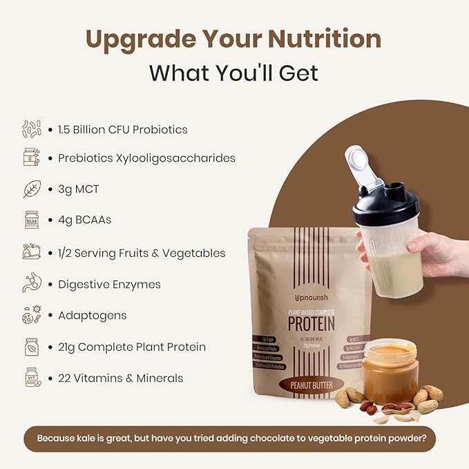 UpNourish Peanut Butter Vegan Protein Powder 54 Superfoods Powder1.5 Billion CFU Probiotics 21g Plant Based ProteinNo Sugar No Dairy No GMO Dairy FreeMeal Replacement Shake Keto-Friendly Low-Carb D