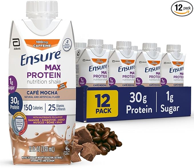 Ensure Max Protein Cafe Mocha Nutrition Shake | 30g Protein 1g Sugar 4g Fiber Blend | 12 Pack