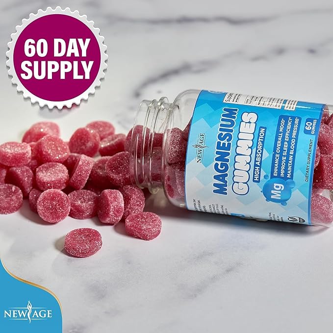 Magnesium Gummies - Calming Anti-Stress Gummies Magnesium Supplement for Adults and Kids Vegan Gelatin-Free Gluten-Free Non-GMO Delicious Natural Raspberry Flavor- 180 Count - by New Age
