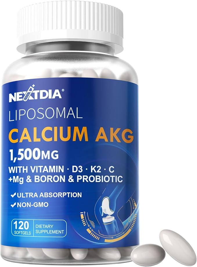 Liposomal Calcium AKG Supplement 1500mg with Vitamin D3 &amp K2 Softgels for Women &amp Men│ High Absorption│Calcium Supplements with Magnesium Glycinate Boron Probiotics &amp Vitamin C for Bone
