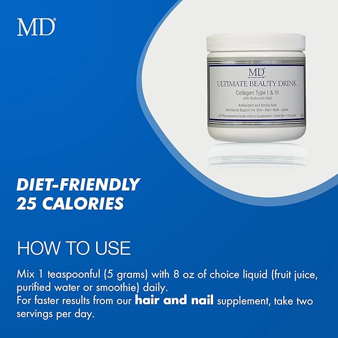 MD Ultimate Beauty Drink Powder CollagenType I &amp III | Collagen Dietary Supplement with Antioxidants | Provides Nutritional Support to Skin Hair Nails Joints | 150 Grams