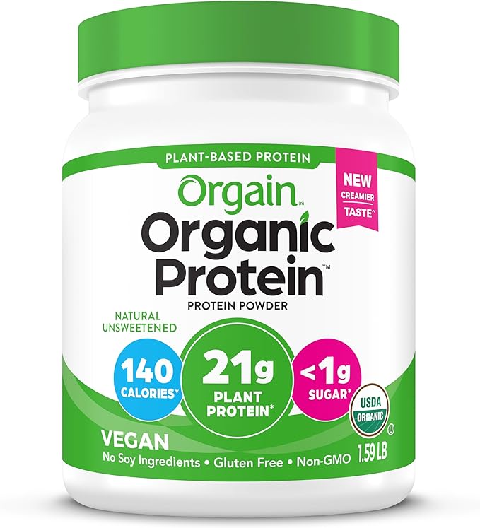Orgain Organic Vegan Protein Powder Natural Unsweetened - 21g of Unflavored Plant Protein 4g Prebiotic Fiber Low Net Carbs No Added Sugar Non-GMO For Shakes &amp Recipes 1.59 lb
