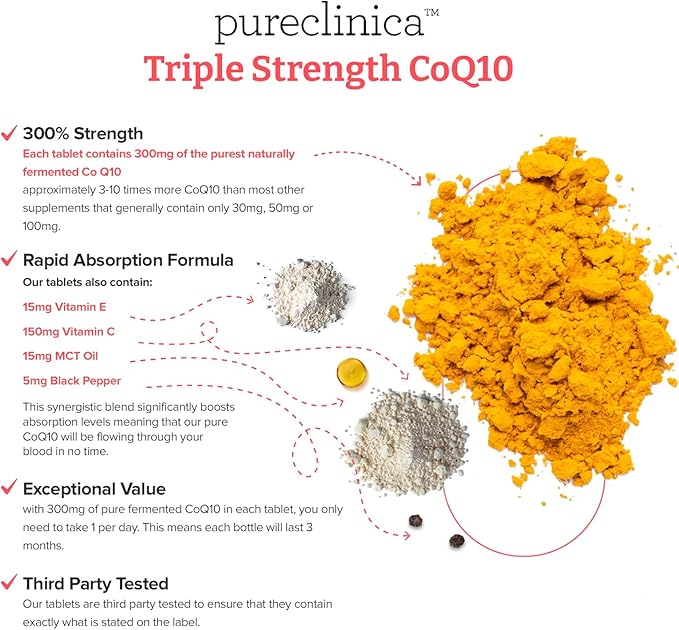 pureclinica Fermented CoQ10 300mg x 180 Tablets (2 Bottles of 90 Tablets) - 6 Months Supply. Non GMO USP Grade. with Added Vitamin C &amp Black Pepper Extract for Absorption.