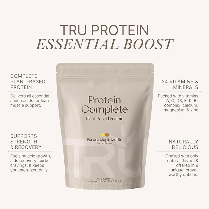 TRU Supplements Plant Based Protein Powder BCAA EAA 20g Vegan Brown Rice &amp Pea Protein 100 Calories 27 Vitamins No Artificial Flavors 25 Servings (Banana Maple Muffin)