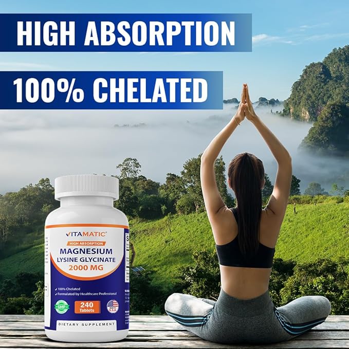 Vitamatic Magnesium as Glycinate Lysinate – 100% Chelated Magnesium - 240 Tablets - Supports Muscle Relaxation Heart Nerve Health* – Non-GMO Gluten &amp Soy Free - 2 Pack