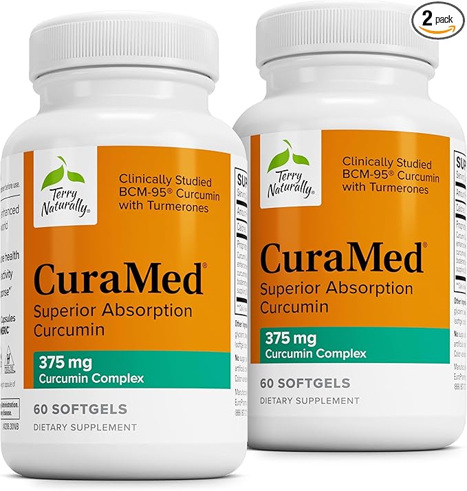 Terry Naturally CuraMed 375mg - Antioxidant Supplement for Brain &amp Immune Health Support - Dietary Supplement with Curcumin &amp Turmeric Essential Oil - Herbal Liver Support - 60 Softgels (Pack