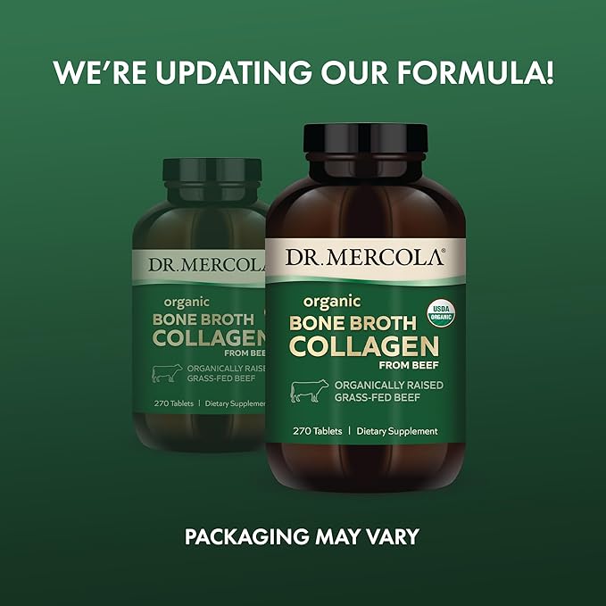 Dr. Mercola Organic Bone Broth Collagen – Organically Raised Grass-Fed Beef – Dietary Supplement – Supports Bone and Joint Comfort – USDA Organic Non-GMO – 90 Servings (270 Tablets)