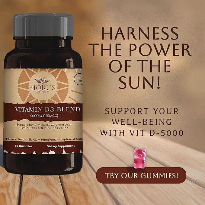 Vitamin D3 5000 IU Sugar Free Gummies with Black Seed Oil - Supports Bone Muscle Cardiovascular &amp Immune Health - Chewable Vitamin D - USA Made