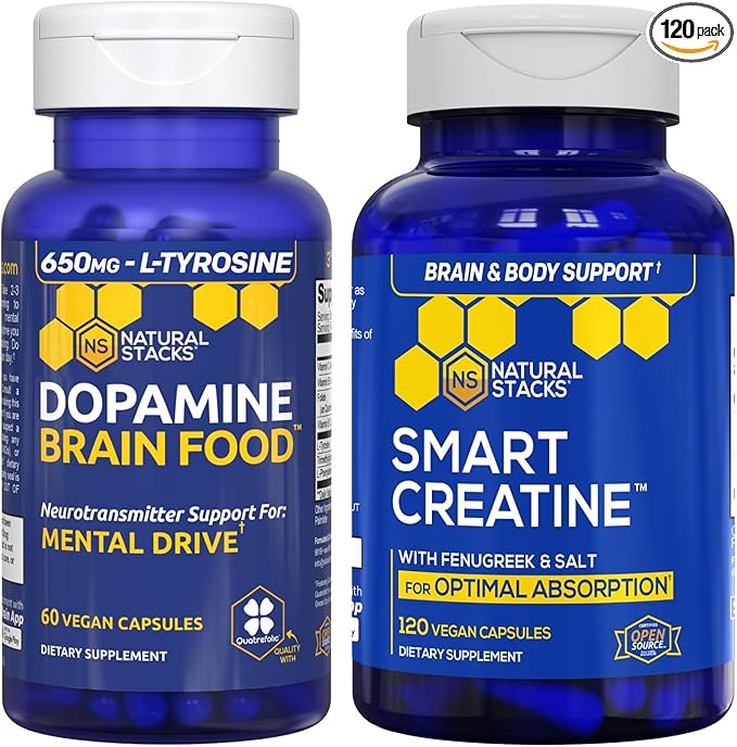 NATURAL STACKS Dopamine Brain Food + Creatine Monohydrate Bundle - Supports Mental Drive &amp Brain Health* - Advanced Absorption Formula - 180 Total Capsules