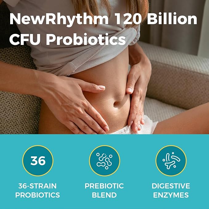 NewRhythm Probiotics 120 Billion CFU 36 Strains 3-in-1 Probiotics with Prebiotics &amp Enzymes Probioticos for Women &amp Men Vegan Targeted Release Supplement 30ct
