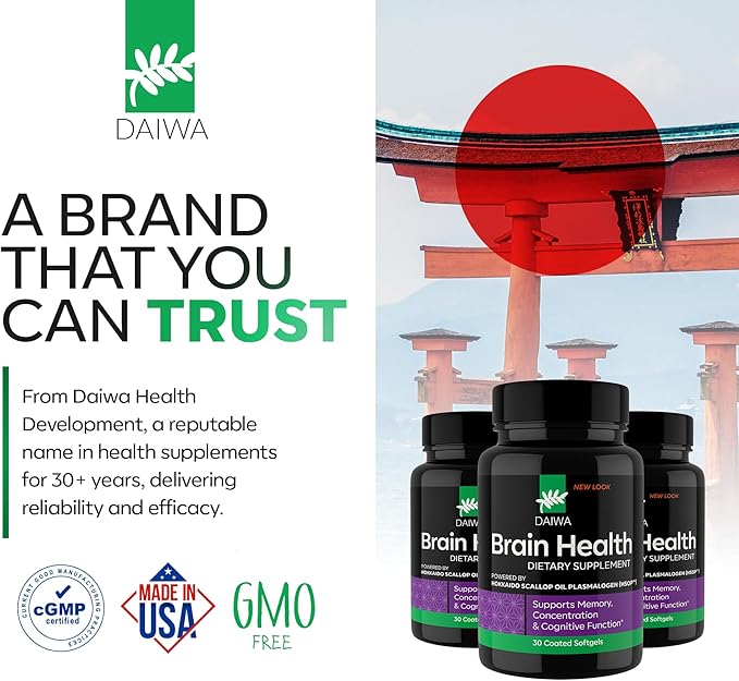 DAIWA Advanced Omega-3 Brain Supplement - Phospholipid Omega Formula with Hokkaido Scallop Oil Plasmalogen for Memory Focus and Cognitive Wellness - 30 Softgels