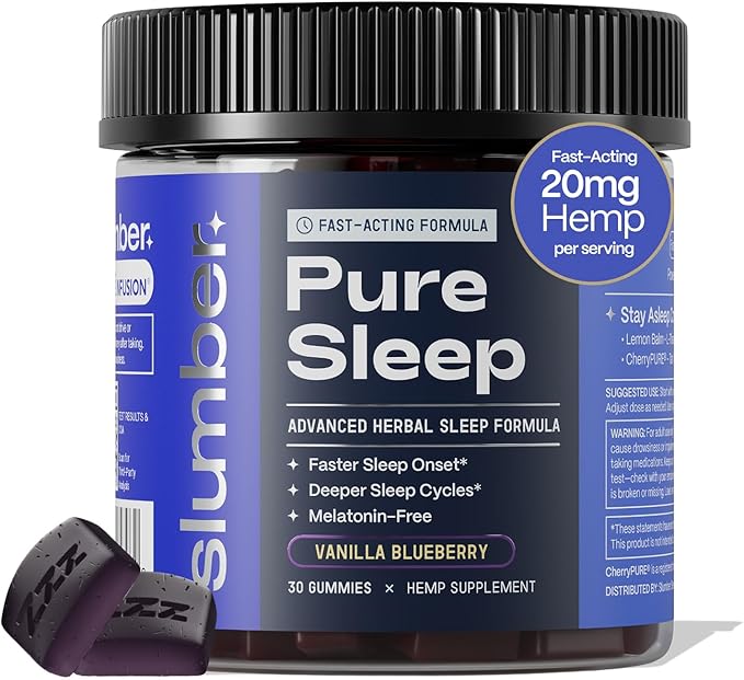 Slumber Pure Sleep | Fast Acting Sleep Gummies to Fall Asleep and Stay Asleep | with Lemon Balm L Theanine Tart Cherry Chamomile | Natural Melatonin Free 30 Count