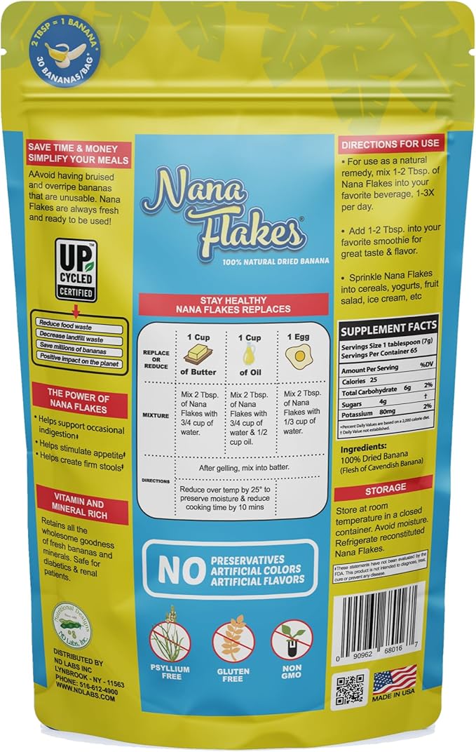 Nana Flakes 100% Pure Banana Flakes Food Powder - Natural - Great Source of Potassium &amp Fiber (Banana One Pound Bag)