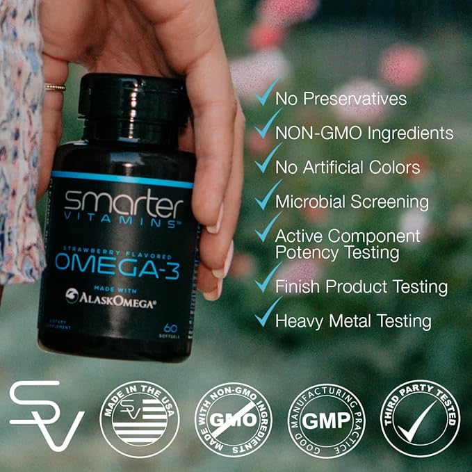 SmarterVitamins Omega 3 Fish Oil Strawberry Flavor Burpless Tasteless 2000mg DHA EPA Triple Strength Made with AlaskOmega®