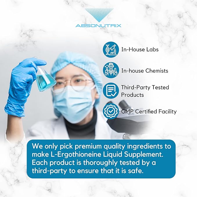 Absonutrix L-Ergothioneine Liquid Supplement 590 mg 200 Servings Made in USA Quick Absorption Quality Potent Ingredients Non-GMO GMP Certified Facility Cruelty-Free Products