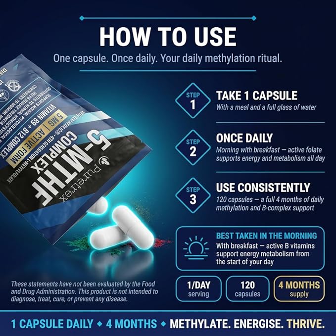 5-MTHF Complex with Quatrefolic Active Folate (L-Methylfolate) 1mg + Methyl B12 1mg + P-5-P B6 + Riboflavin-5-Phosphate Vegan Non-GMO 120 Capsules