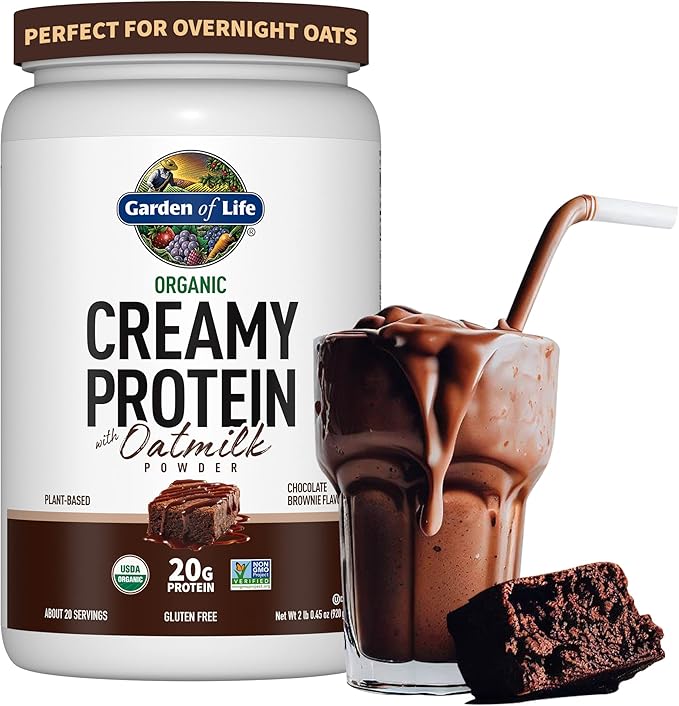 Garden of Life Creamy Plant Protein + Oat Milk Powder + Chocolate Flavor Vegan Protein Powder – Plant Based Prebiotics &amp Probiotics Gluten-Free Non-GMO Chocolate Brownie Flavor 2 LBS