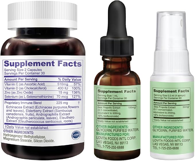 LOVITA 9-Piece Vitality Bundle - 3 Propolis Drops 3 Sprays &amp 3 Immune 8-in-1 Capsules Elderberry &amp Zinc Complex (9 Pc)