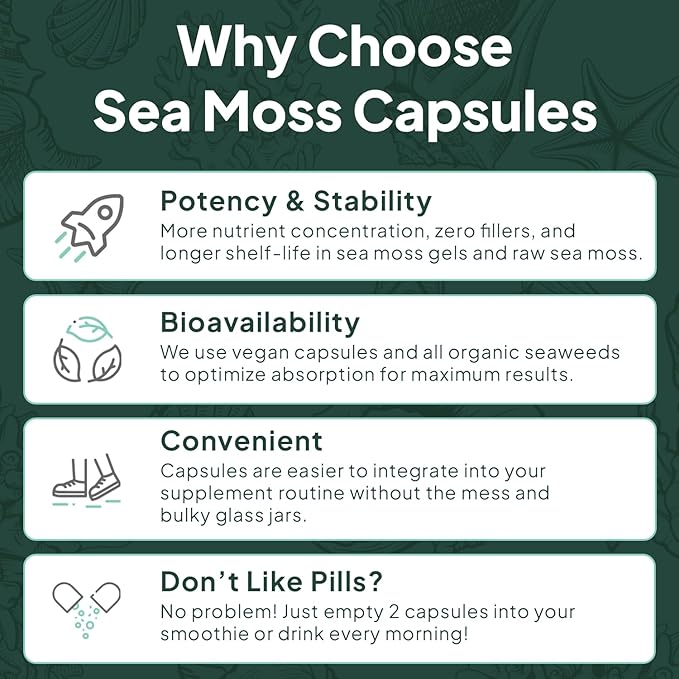 Organics Ocean Wild Sea Moss Capsules - 100% Organic Irish Sea Moss with Organic Chlorella Bladderwrack and Vitamin D for Energy Lung Health and Thyroid Support for Women and Men - 3 Bottles