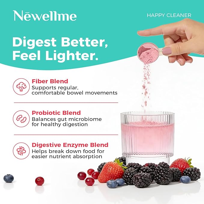 NEWELLME Happy Cleaner Digestive Supplement Powder Gut Health Drink Mix with Probiotics Digestive Enzymes &amp Fiber Supports Digestion and Bloating Berry Flavor 14 Sachets
