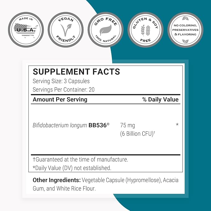 Supersmart - Bifidobacterium Longum (BB536) 6 Billion CFU per Day - Probiotics &amp Prebiotics Supplement | Non-GMO &amp Gluten Free - 60 DR Capsules