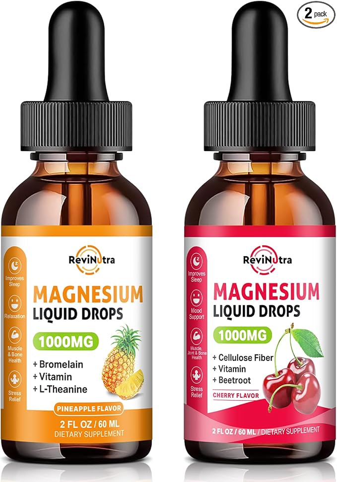 (2 Pack) Magnesium Glycinate Liquid Drop for Sleep Nerve Energy Muscle Sugar-Free Pineapple &amp Cherry Flavor