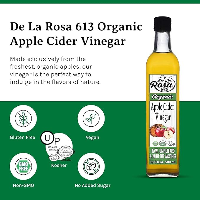 De La Rosa Organic Apple Cider Vinegar Raw &amp Unfiltered with The Mother Kosher for Passover Vegan &amp Gluten-Free Perfect for Salad Dressings &amp Marinades 16.9 oz (Single Bottle)