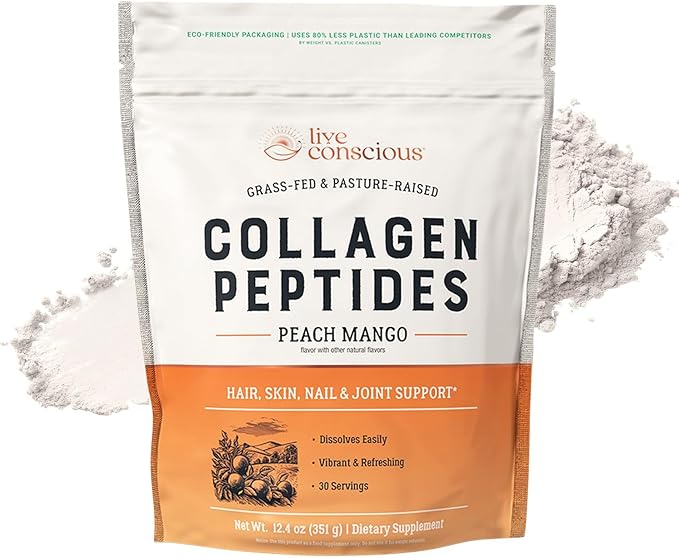 Live Conscious Collagen Peptides Powder - Peach Mango Flavored Collagen Powder - Hair Skin Nail &amp Joint Support - Type I &amp III Grass-Fed Collagen Supplements for Women and Men - 30 Servings