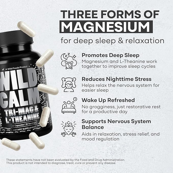 Wild Foods Tri-Mag &amp L-Theanine – Triple Magnesium Complex for Sleep w/L Theanine – Magnesium Glycinate Malate Taurate – 100% Natural – 60 Capsules