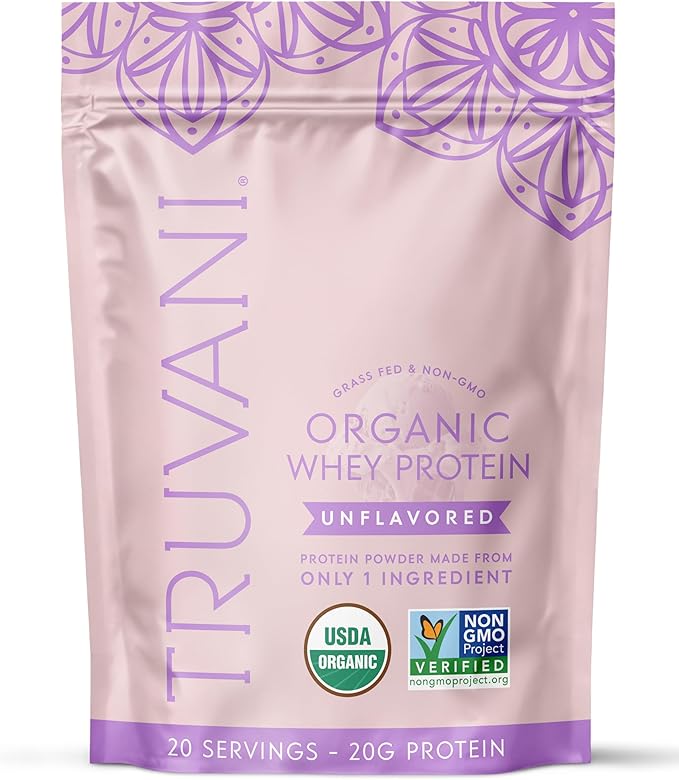 Truvani Organic Whey Protein Powder | Unflavored | 20g Grass Fed Whey Protein | 20 Servings | USDA Organic &amp Non-GMO | Gluten Free | No Gums No Soy No Stevia No Added Sugars