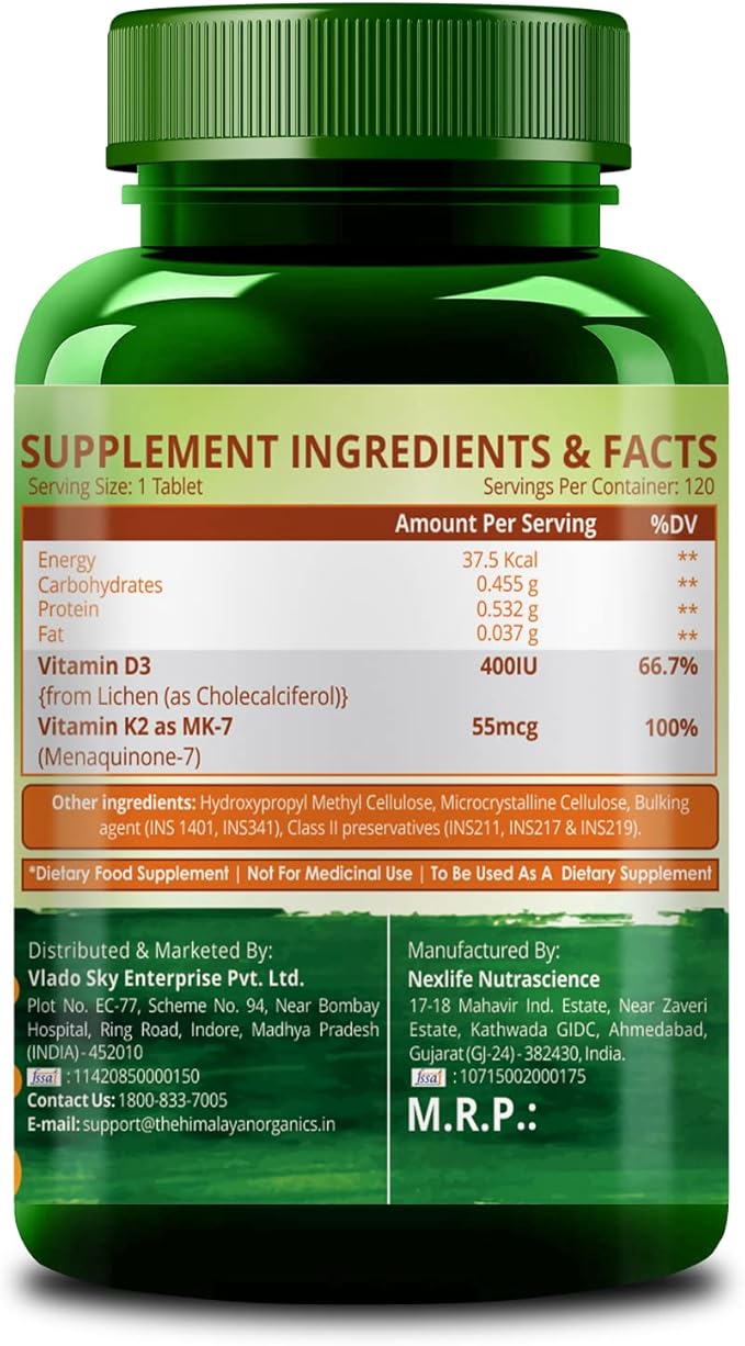 Himalayan Organics Vitamin D3 600 IU + Vitamin K2 as Mk7 | Supports Stronger Immunity Bone &amp Heart Health (120 Veg Tablets)