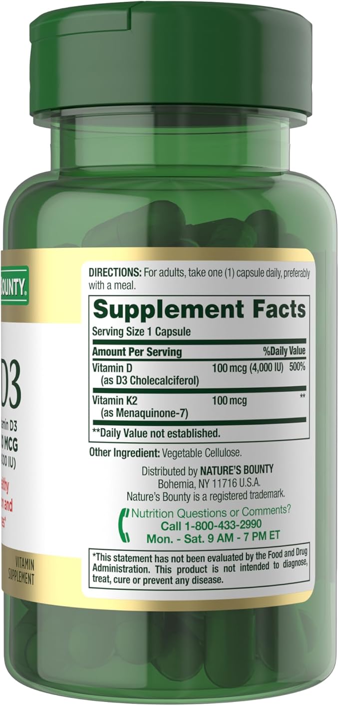 Nature’s Bounty Vitamin D3 K2 Supplement 4000 IU Vitamin D3 plus 100 mcg of Vitamin K Supplements for Adults for Heart &amp Bone Health Support 60 Day Supply 60 Vegetarian Capsules