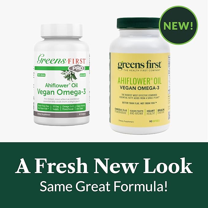 Greens First Ahiflower Oil Plant-Based Omega-3 Supplement – Vegan Omega-3 to Support Brain Immune Joint &amp Heart Health - Essential Fatty Acids - Gluten-Free/Dairy-Free/Soy-Free (90 Softgels)