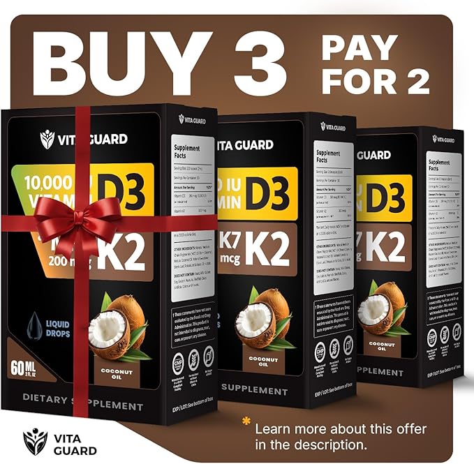 (2 Pack) Vitamin D3 K2 Liquid Drops 10000 IU + 200 mcg MK-7 – High Absorption Sugar-Free Non-GMO Bone &amp Immune Booster Vegan Supplement with Coconut Oil – 60 ml (2 oz)