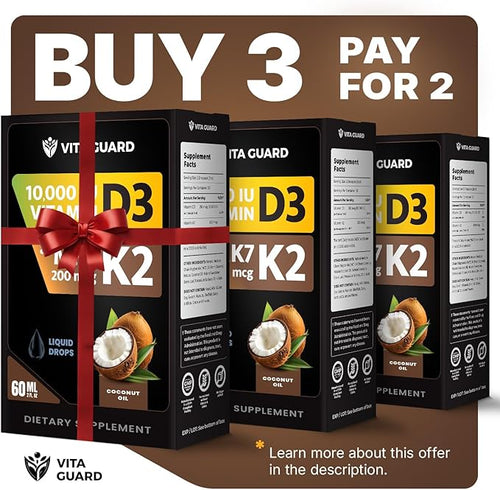(2 Pack) Vitamin D3 K2 Liquid Drops 10000 IU + 200 mcg MK-7 – High Absorption Sugar-Free Non-GMO Bone &amp Immune Booster Vegan Supplement with Coconut Oil – 60 ml (2 oz)