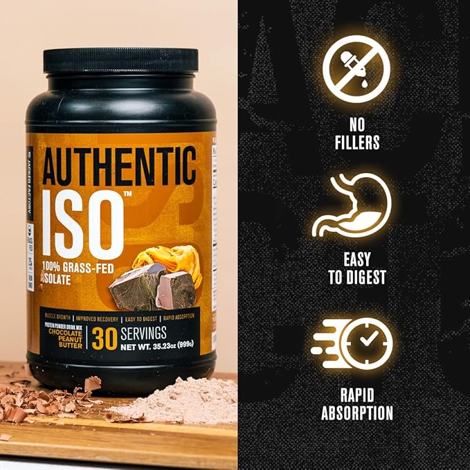 Jacked Factory Authentic ISO Grass Fed Whey Protein Isolate Powder - Low Carb Non-GMO Muscle Building Protein w/No Fillers (Chocolate Peanut Butter 30sv) &amp (Chocolate 30sv)