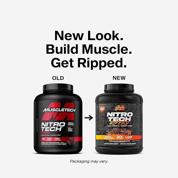 Muscletech Whey Protein Powder (Chocolate Fudge Brownie 4LB) - Nitro-Tech Ripped Whey Protein Isolate &amp Peptides Smoothie Mix for Lean Muscle - 30g of Whey Protein for Women &amp Men Packaging