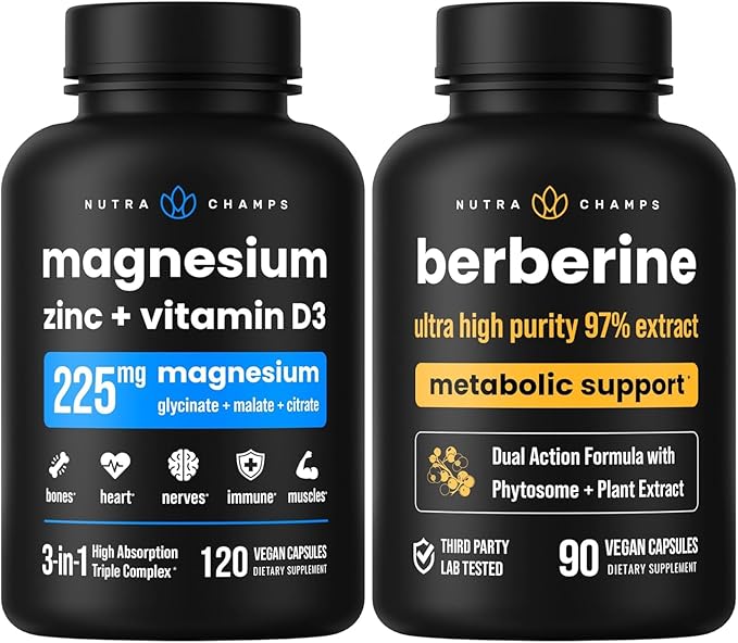 NutraChamps Complete Bone &amp Metabolic Support : Magnesium Zinc D3 &amp Berberine Duo