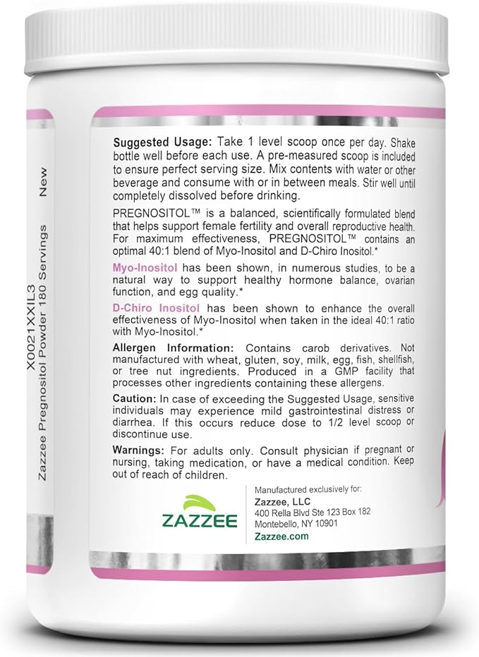 Zazzee PREGNOSITOL Powder 6 Month Supply Myo-Inositol and D-Chiro-Inositol 40:1 Fertility Blend Free Scoop for Exact Dosage Premium Balanced Formula 180 Servings Vegan All-Natural and Non-GMO