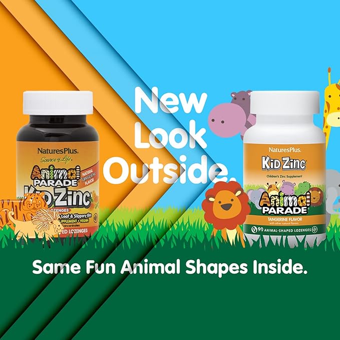 NaturesPlus Animal Parade KidZinc Tangerine Flavor - 90 Animal-Shaped Lozenges Pack of 2 - Organically Chelated Zinc - Vegan Gluten Free - 180 Total Servings