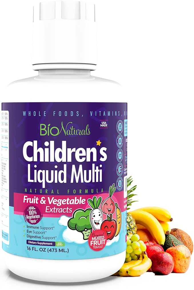 Bio Naturals Children's Liquid Multivitamin &amp Immune Booster - Natural Supplement for Kids &amp Toddlers with Vitamins A B C D3 E Fiber Fruits &amp Vegetables - No GMOs Gluten Sugar Dairy