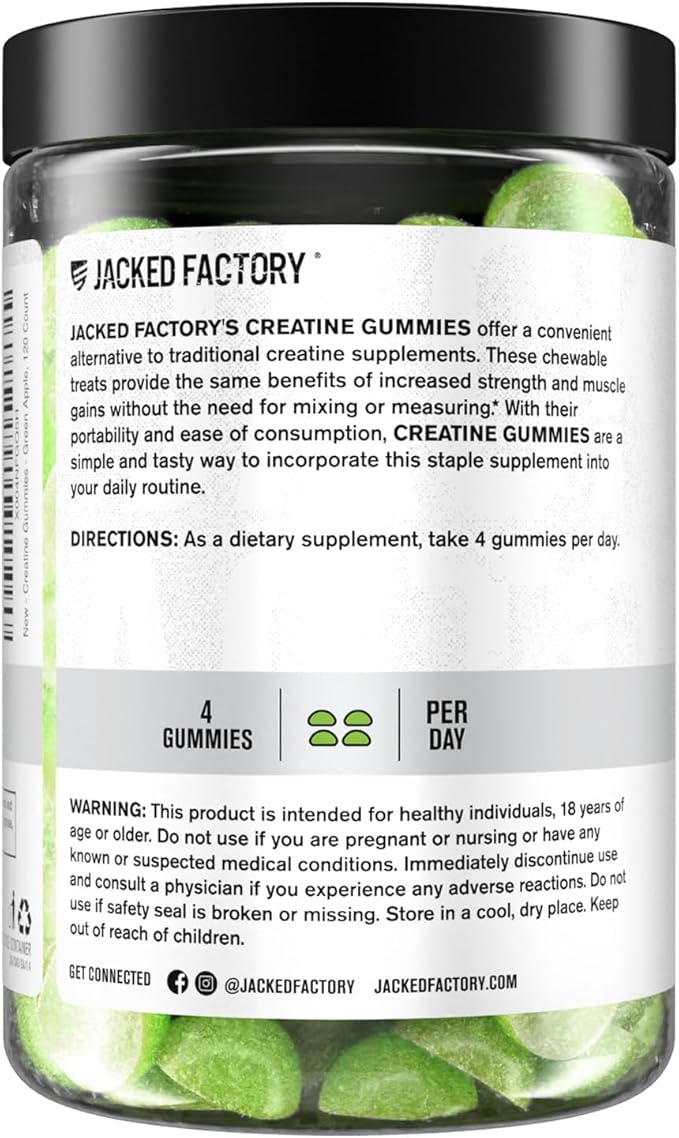Jacked Factory Sugar Free Creatine Gummies - 5g Daily Dose (1.25g per Gummy) - Creatine Gummy Sugar Free for Men and Women Vegan-Friendly Third-Party Tested - 120 Gummies Green Apple