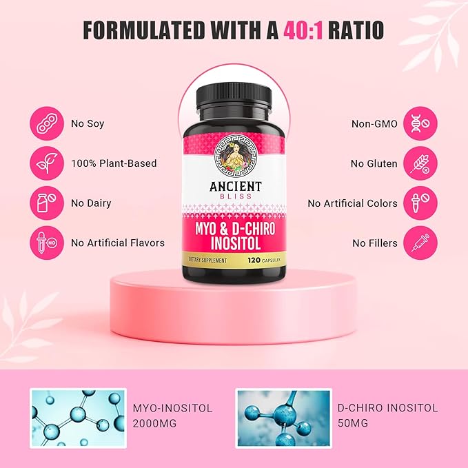 Ancient Bliss Myo &amp D-Chiro Inositol Supplement 40 to 1 Ratio Helps in Ovarian Function Support for Women Vitamin B8 Helps to Regulate Menstrual Cycle 2050mg per Serving 120 Vegan Capsules