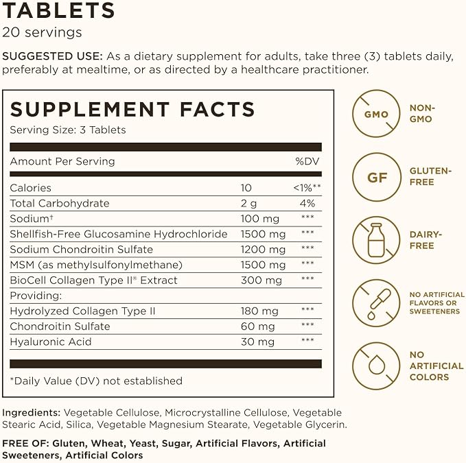 Solgar Glucosamine Hyaluronic Acid Chondroitin MSM (Shellfish-Free) 60 Tablets - Joint Support &amp Comfort - Supports Active Lifestyles - Non-GMO Gluten Free Dairy Free - 20 Servings