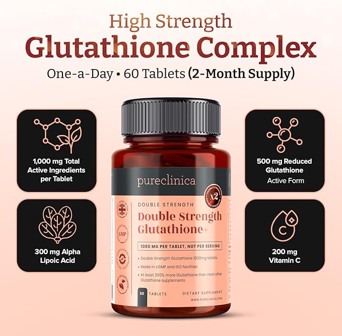 pureclinica Glutathione 1000mg x 60 Tablets. with 500mg Glutathione 300mg ALA and 200mg Vitamin C per Tablet.