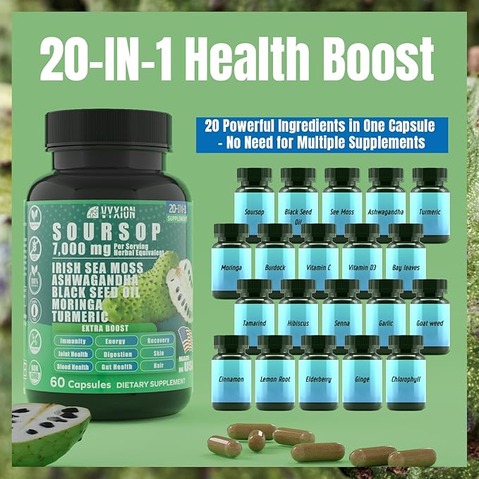 Soursop Graviola Supplement with Sea Moss Moringa Turmeric Black Seed Oil Oregano Ashwagandha | 20-in-One Herbal extracts for Overall Health-Enhancing | Vegan Non-GMO | 60 Capsules